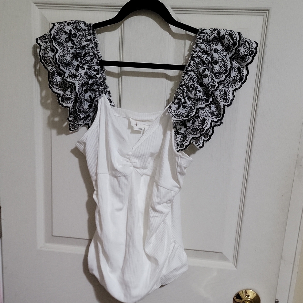 Anthropologie White and Black Ruffled Cap Sleeve